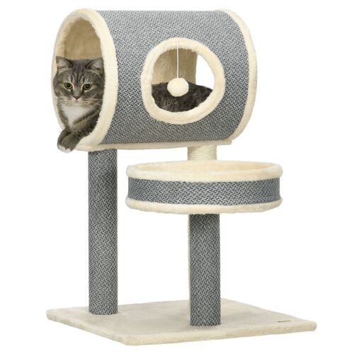 PawHut Arbre à chats arbre à grimper avec griffoir en sisal tunnel panier en peluche doux structure en bois 48L x 48l x 73H cm beige