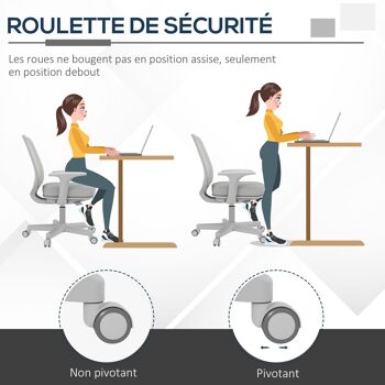 Vinsetto Chaise de bureau réglable en hauteur accoudoirs pivotants à 360° sur roulettes en tissu, gris 3