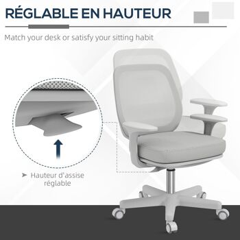 Vinsetto Chaise de bureau réglable en hauteur accoudoirs pivotants à 360° sur roulettes en tissu, gris 4