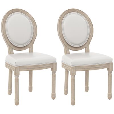 HOMCOM Juego de 2 sillas de comedor, silla de cocina estilo Luis XVI medallón, asiento tapizado sintético, silla de salón de madera maciza tallada, crema