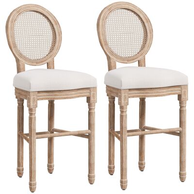 HOMCOM Lot de 2 tabourets de Bar, chaises de Bar médaillon Style Louis XVI, Structure en Bois Massif, Dossier Effet cannage, avec Repose-Pied, siège en Tissu Aspect Lin, Naturel