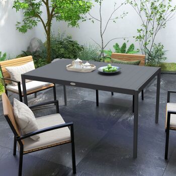 Outsunny Table de jardin rectangulaire pour 6 personnes en aluminium table de salle à manger extérieur plateau à lattes aspect bois dim. 145L x 90l x 74H cm gris 8