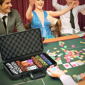 SPORTNOW Mallette de Poker Coffret de Poker Complet, avec 300 jetons à 14g, 5 dés, 2 Jeux de Cartes 3 boutons Texas Holdem, Cartes de Poker, Bouton Dealer 2