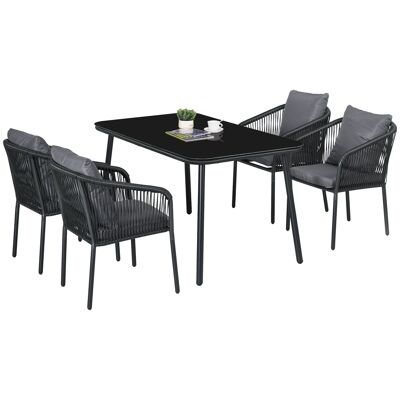 Outsunny Muebles de Jardín Conjunto de Comedor de Ratán PE para 4 Personas con Sillas y Cojines Apilables, Tapa de Vidrio Templado, Estructura de Aluminio, Gris y Negro