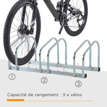 HOMCOM Râtelier 3 vélos range-vélos support rangement vélo à pneu 65 mm dim. 76L x 33l x 27H cm acier galvanisé argent 3