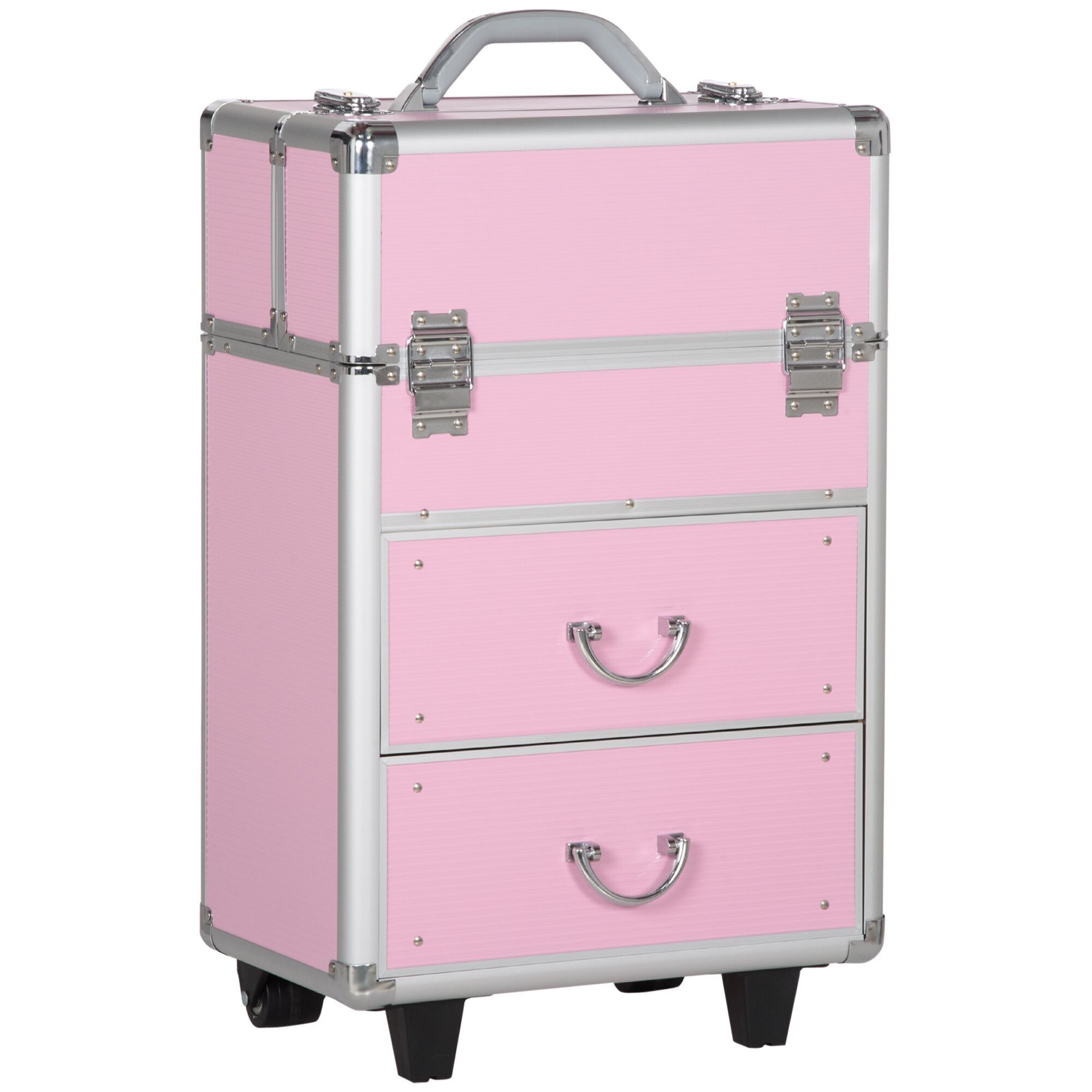 HOMCOM Trolley Trucco Valigia Trolley Cosmetico Manico Telescopico Regolabile 36 L x 23 L x 58 A cm Alluminio ABS Rosa