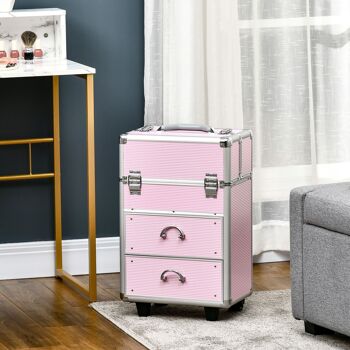 HOMCOM Valise trolley maquillage mallette cosmétique vanity poignée télescopique réglable 36L x 23l x 58H cm alu ABS rose 2