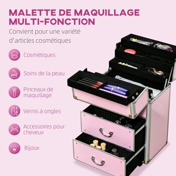 HOMCOM Valise trolley maquillage mallette cosmétique vanity poignée télescopique réglable 36L x 23l x 58H cm alu ABS rose 3