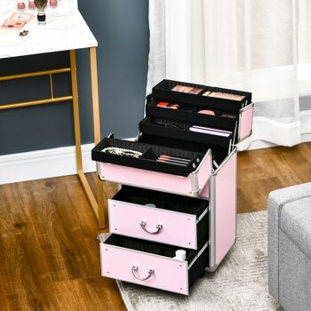 HOMCOM Valise trolley maquillage mallette cosmétique vanity poignée télescopique réglable 36L x 23l x 58H cm alu ABS rose 7