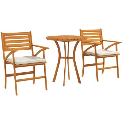 Outsunny Ensemble de jardin en bois de pin, set 1 table ronde et 2 chaises, table de jardin extérieur avec chaise, 2 coussins déhoussables, pour extérieur, terrasse, balcon, marron