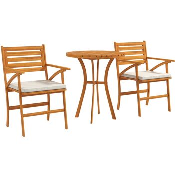 Outsunny Ensemble de jardin en bois de pin, set 1 table ronde et 2 chaises, table de jardin extérieur avec chaise, 2 coussins déhoussables, pour extérieur, terrasse, balcon, marron 1