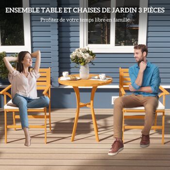 Outsunny Ensemble de jardin en bois de pin, set 1 table ronde et 2 chaises, table de jardin extérieur avec chaise, 2 coussins déhoussables, pour extérieur, terrasse, balcon, marron 3