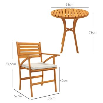 Outsunny Ensemble de jardin en bois de pin, set 1 table ronde et 2 chaises, table de jardin extérieur avec chaise, 2 coussins déhoussables, pour extérieur, terrasse, balcon, marron 5