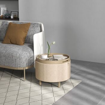 HOMCOM Pouf rond repose-pieds tabouret avec coffre de rangement, plateau réversible, meuble 3 en 1, revêtement en lin, pied en bois massif, beige 2