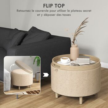 HOMCOM Pouf rond repose-pieds tabouret avec coffre de rangement, plateau réversible, meuble 3 en 1, revêtement en lin, pied en bois massif, beige 3