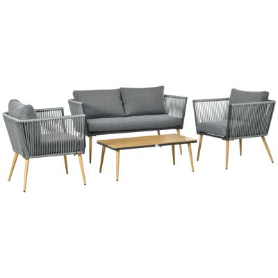 Mueble de jardín Outsunny en resina tejida 4 plazas con 1 sofá 2 sillones y 1 mesa de centro 7 cojines incluidos gris