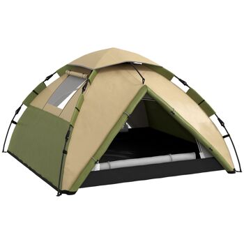Outsunny Tente de camping tente familiale 3-4 personnes tente dôme légère ventilée étanche 3000 mm avec sac de transport et crochet supérieur vert foncé et marron 1