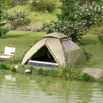 Outsunny Tente de camping tente familiale 3-4 personnes tente dôme légère ventilée étanche 3000 mm avec sac de transport et crochet supérieur vert foncé et marron 2