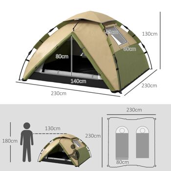 Outsunny Tente de camping tente familiale 3-4 personnes tente dôme légère ventilée étanche 3000 mm avec sac de transport et crochet supérieur vert foncé et marron 5