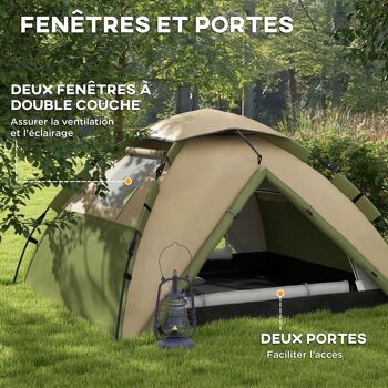 Outsunny Tente de camping tente familiale 3-4 personnes tente dôme légère ventilée étanche 3000 mm avec sac de transport et crochet supérieur vert foncé et marron 6