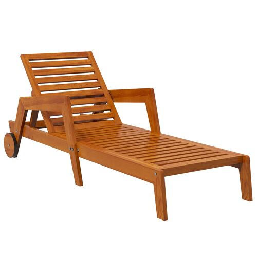 Outsunny Bain de soleil en bois à lattes, chaise longue de jardin, transat, dossier inclinable sur 3 positions, accoudoirs, 2 roues, marron
