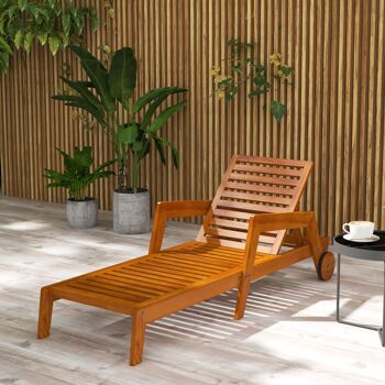 Outsunny Bain de soleil en bois à lattes, chaise longue de jardin, transat, dossier inclinable sur 3 positions, accoudoirs, 2 roues, marron 2