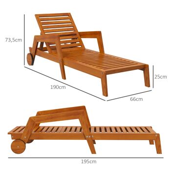 Outsunny Bain de soleil en bois à lattes, chaise longue de jardin, transat, dossier inclinable sur 3 positions, accoudoirs, 2 roues, marron 5