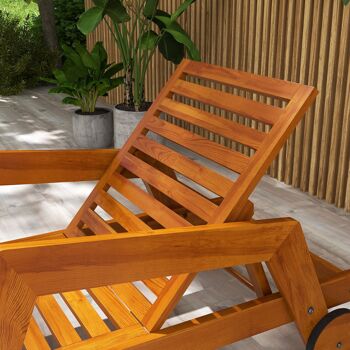 Outsunny Bain de soleil en bois à lattes, chaise longue de jardin, transat, dossier inclinable sur 3 positions, accoudoirs, 2 roues, marron 7