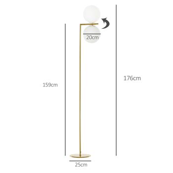 HOMCOM Lampadaire lampe de salon design néo-rétro en verre blanc mat Métal doré 5