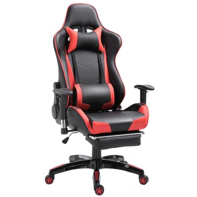 HOMCOM Sedia gaming, poltrona da ufficio, rivestimento sintetico, altezza regolabile, poggiapiedi telescopico, schienale reclinabile a 180°, poltrona gaming, supporto lombare e poggiatesta rimovibile, nero