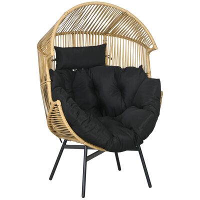 Outsunny Cocoon Gartensessel auf Fuß aus Harz mit Rattan-Effekt und dicken Polyesterkissen. 14cm, Metallstruktur, Abm. 89L x 75L x 143H cm Sand und Schwarz