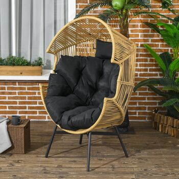 Outsunny Fauteuil de jardin cocon sur pied en résine effet rotin avec coussins polyester ép. 14cm, structure en métal, dim. 89L x 75l x 143H cm sable et noir 2