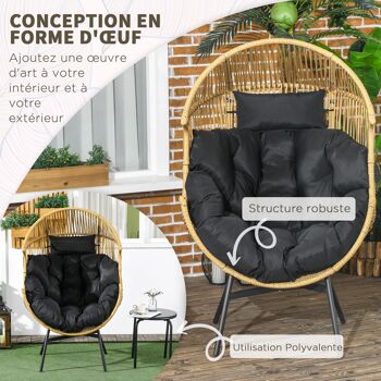 Outsunny Fauteuil de jardin cocon sur pied en résine effet rotin avec coussins polyester ép. 14cm, structure en métal, dim. 89L x 75l x 143H cm sable et noir 4