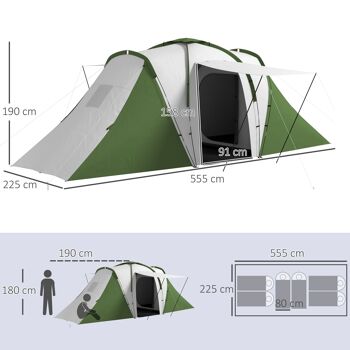 Outsunny Tente de camping familiale 4-6 pers. - tente tunnel légère ventilée étanche facile à monter - 2 grandes portes - dim. 5,55L x 2,25l x 1,9H m fibre verre polyester, gris et vert 5