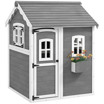 Outsunny Outdoor-Kinderhütte, Outdoor-Kinderhaus, mit Tür, Fenstern, Pflanzkasten, Boden – Holz dim. 104,5L x 110B x 137H cm grau