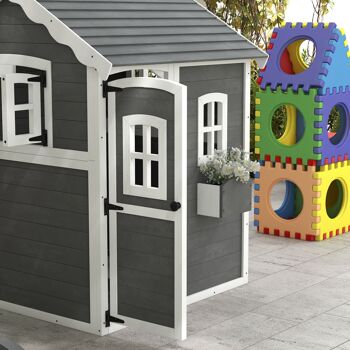 Outsunny Cabane enfant extérieur, maison enfant extérieure, avec porte, fenêtres, bac à plantes, plancher - en bois dim. 104,5L x 110l x 137H cm gris 4