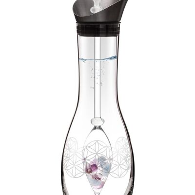 VitaJuwel Era FLEUR DE VIE | Carafe en pierres précieuses gravée d'une fleur de vie et améthyste, aigue-marine, cristal de roche