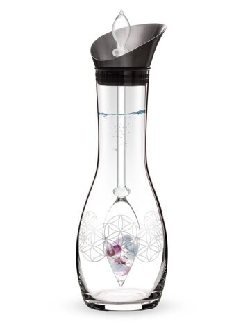 VitaJuwel Era FLEUR DE VIE | Carafe en pierres précieuses gravée d'une fleur de vie et améthyste, aigue-marine, cristal de roche 1