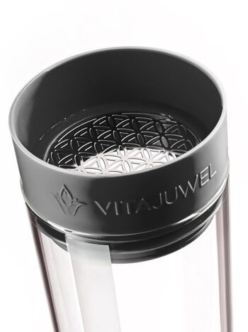 VitaJuwel Sana COURAGE lave noir | Carafe en verre avec pierres précieuses (tourmaline, bois pétrifié, quartz fumé et cristal de roche) - pour la clarté, la force intérieure et la détermination 2