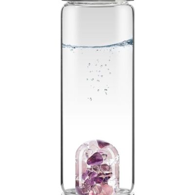 VitaJuwel ViA BIENESTAR | Botella de agua con amatista, cuarzo rosa y cristal de roca para relajación y equilibrio.