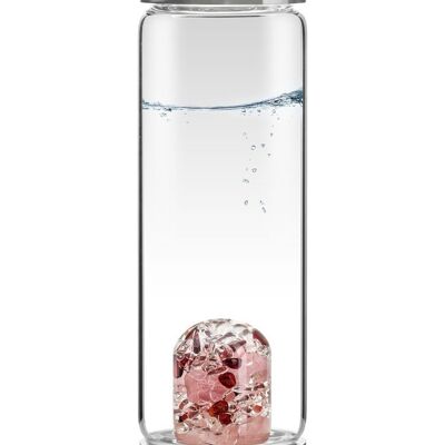 VitaJuwel vía AMOR | Botella de agua con cuarzo rosa, granate y cristal de roca para armonía y sensualidad.