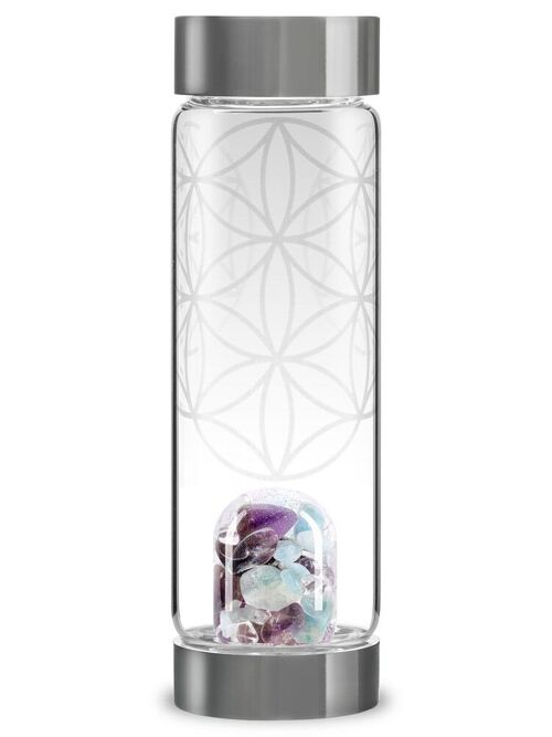 VitaJuwel ViA FLOWER OF LIFE | Water bottle with aquamarine, amethyst & rock crystal incl.Flower of Life - Symbol