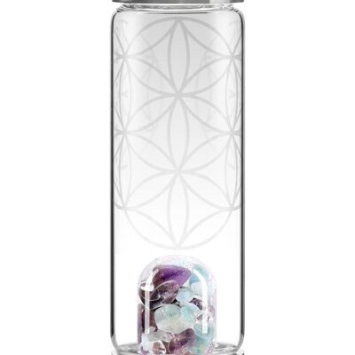 VitaJuwel ViUn FIORE DELLA VITA | Bottiglia d'acqua con acquamarina, ametista e cristallo di rocca incl.Fiore della Vita - simbolo