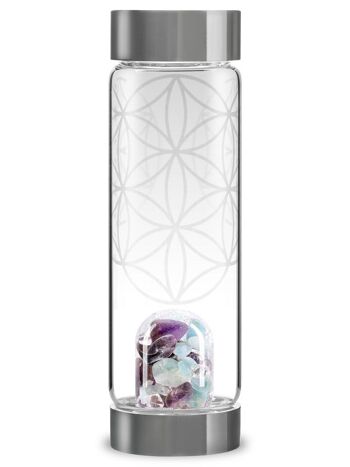 VitaJuwel ViA FLEUR DE VIE | Bouteille d'eau avec aigue-marine, améthyste et cristal de roche incluse. Fleur de vie - symbole 1