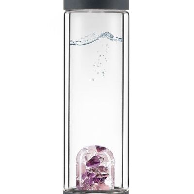 VitaJuwel Via BENESSERE CALDO | Bottiglia da tè in vetro a doppia parete con ametista, quarzo rosa e cristallo di rocca