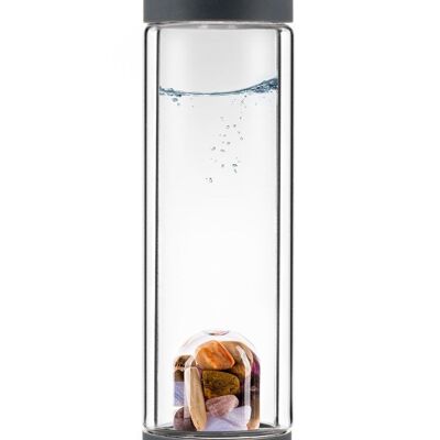 VitaJuwel ViA HEAT 5 ELEMENTI | Bottiglia da tè in vetro a doppia parete con ametista, calcedonio, legno pietrificato, quarzo rosa e agata oceanica