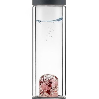 VitaJuwel ViA CALOR AMOR| Botella de té de vidrio de doble pared con cuarzo rosa, granate y cristal de roca