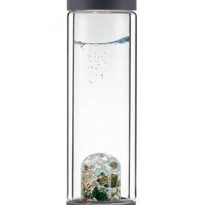 VitaJuwel ViA CALOR SIEMPRE JOVEN | Botella de té de vidrio de doble pared con aguamarina, aventurina, cuarzo ahumado y cristal de roca