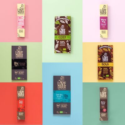 Top 8 Best Sellers! Deliciously vegan and organic chocolate (1 Sweet Nibs - CRU, 1 99% - CRU, 1 SOUL, 1 COZY, 1 Pure Nibs - CRU, 1 Extra Pure - CRU, 1 WARM HUG, 1 LOVE)