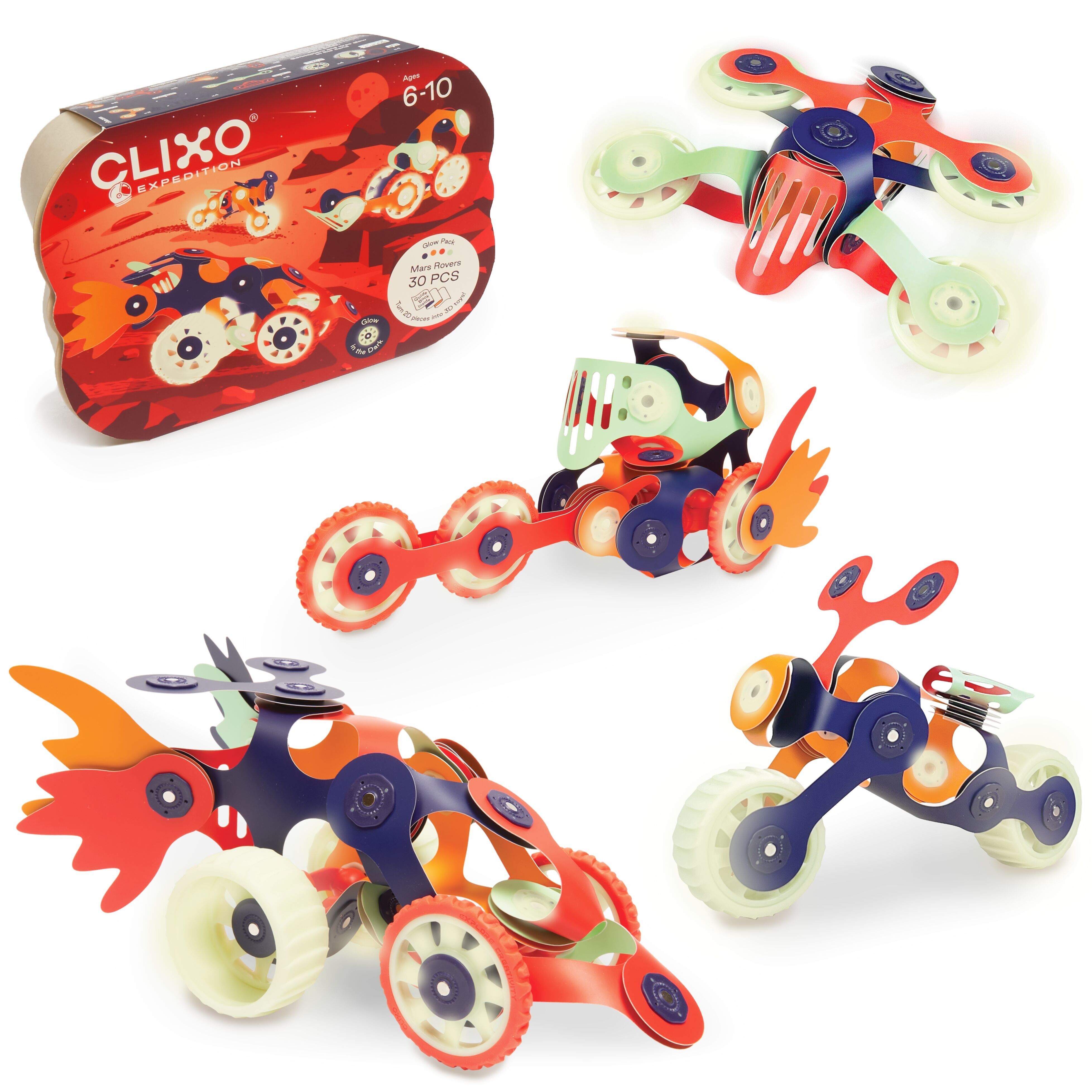 CLIXO - Mars Rovers - Gioco di costruzioni fosforescente, magnetico, flessibile, durevole e fantasioso - 30 pezzi - dai 6 anni